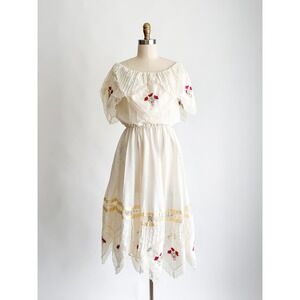 Boho Cottagecore 70s Vintage Mexican Folk Dress Ivory Floral Embroidered Lace M